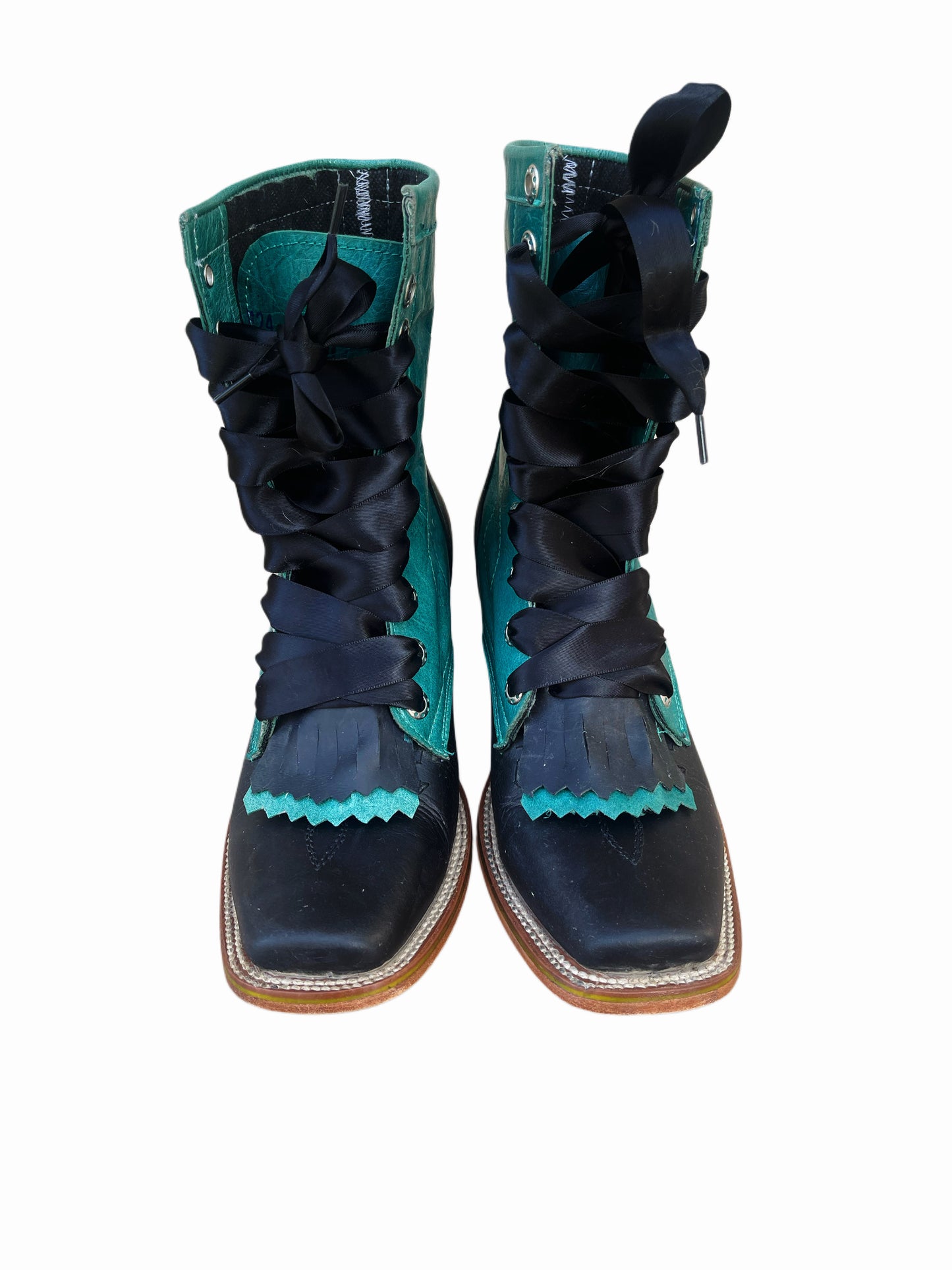 Vintage 1980s Jar Boots – Teal & Black Leather Western Lace-Up Boots – Size 7/7.5