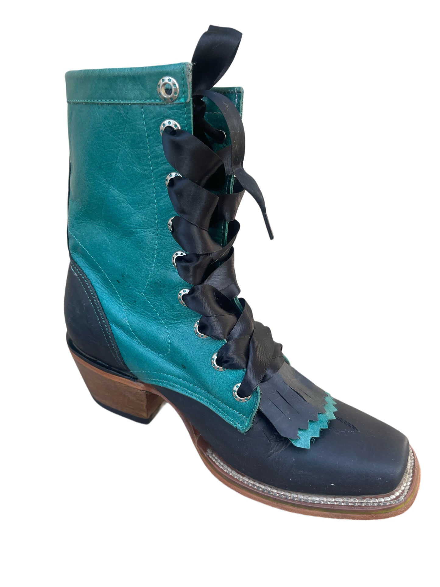 Vintage 1980s Jar Boots – Teal & Black Leather Western Lace-Up Boots – Size 7/7.5