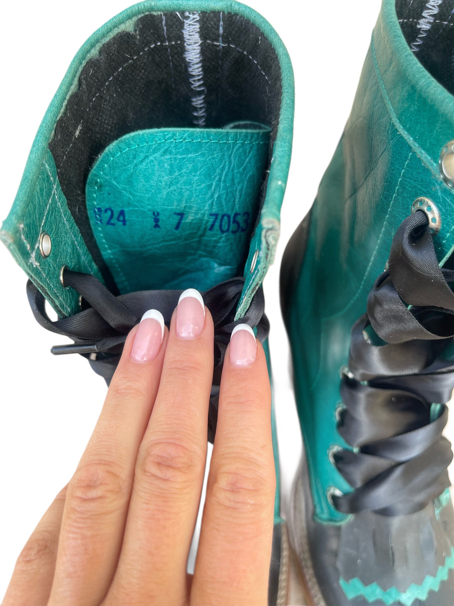 Vintage 1980s Jar Boots – Teal & Black Leather Western Lace-Up Boots – Size 7/7.5
