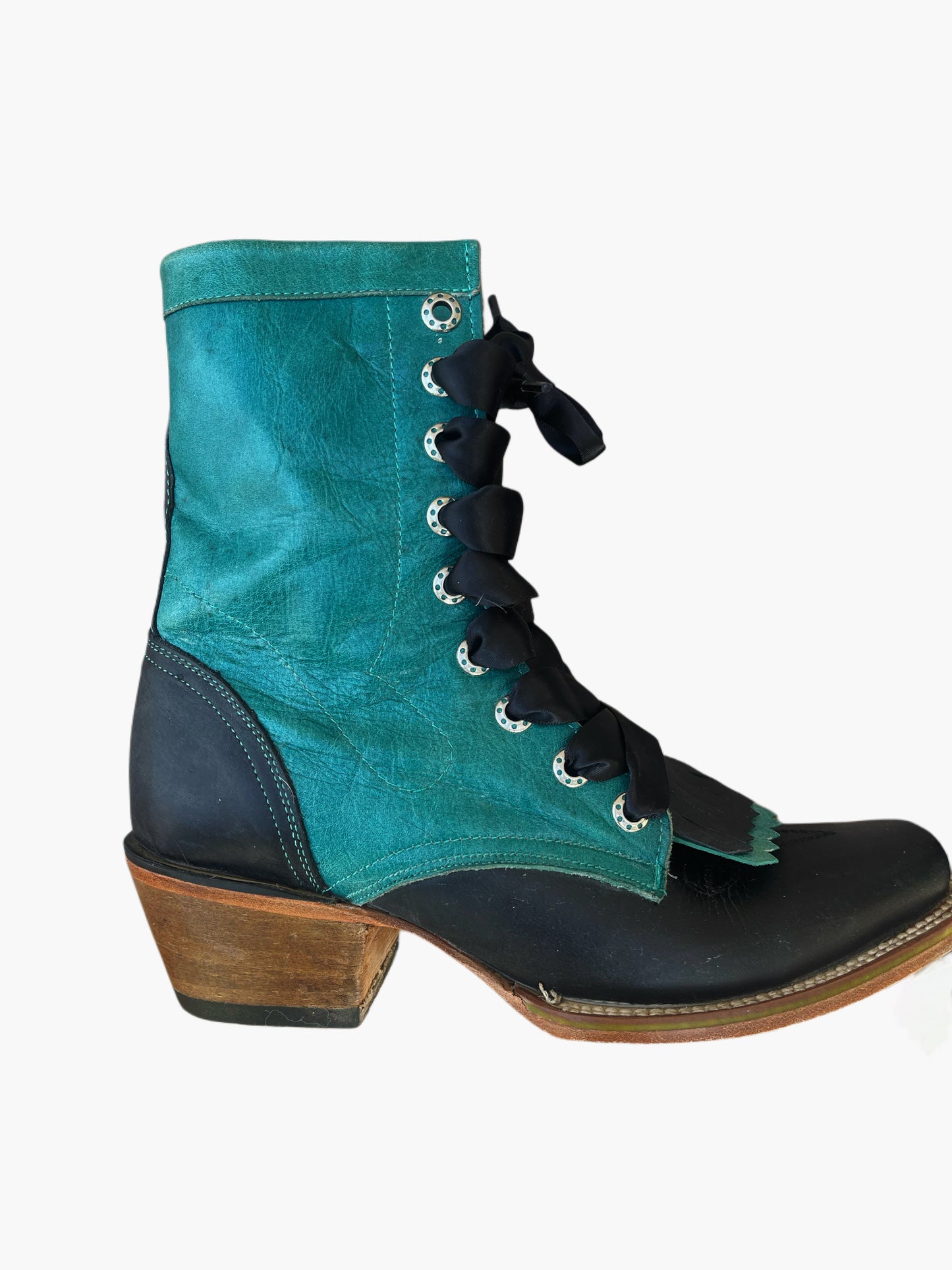 Vintage 1980s Jar Boots – Teal & Black Leather Western Lace-Up Boots – Size 7/7.5