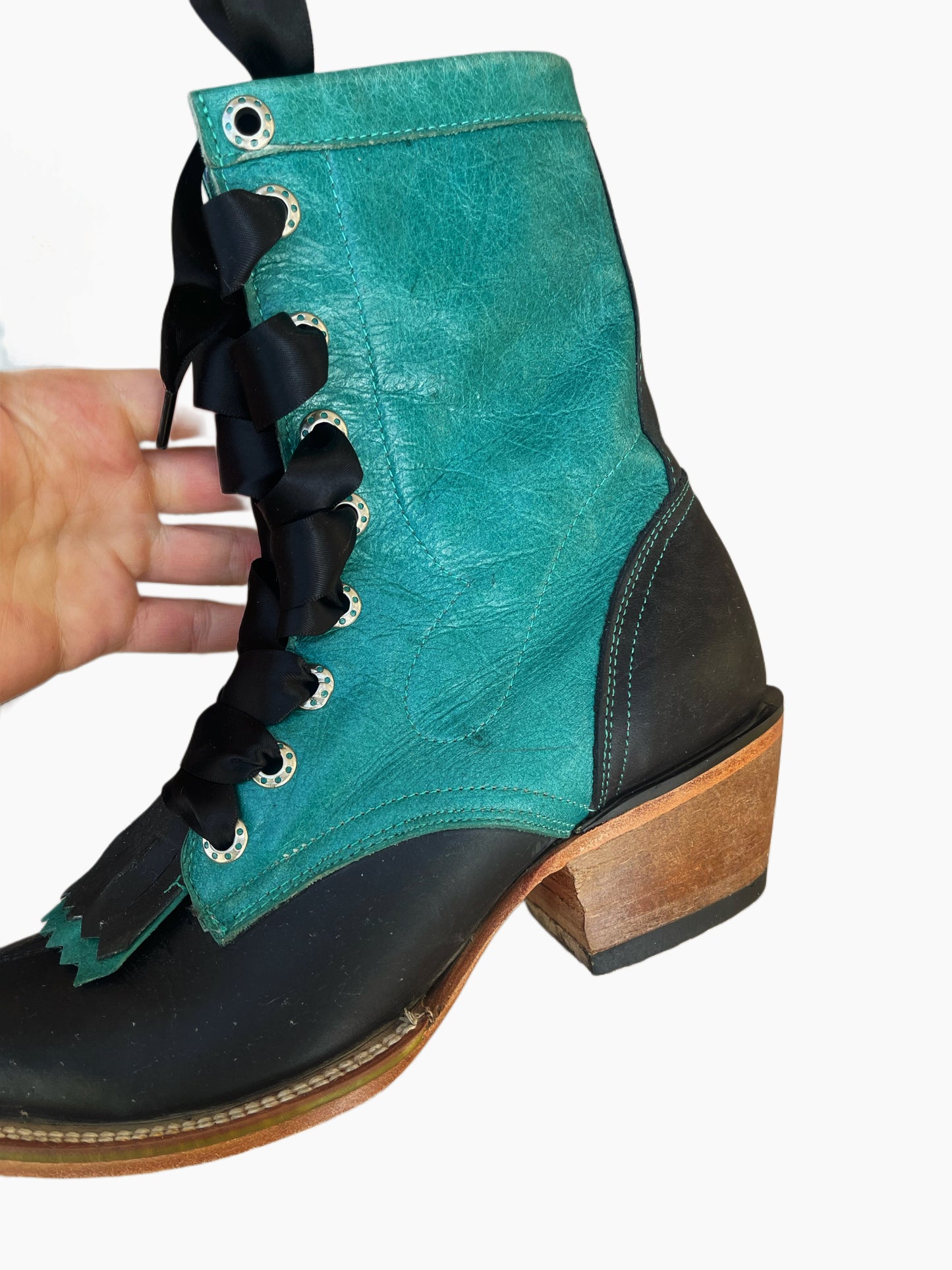 Vintage 1980s Jar Boots – Teal & Black Leather Western Lace-Up Boots – Size 7/7.5