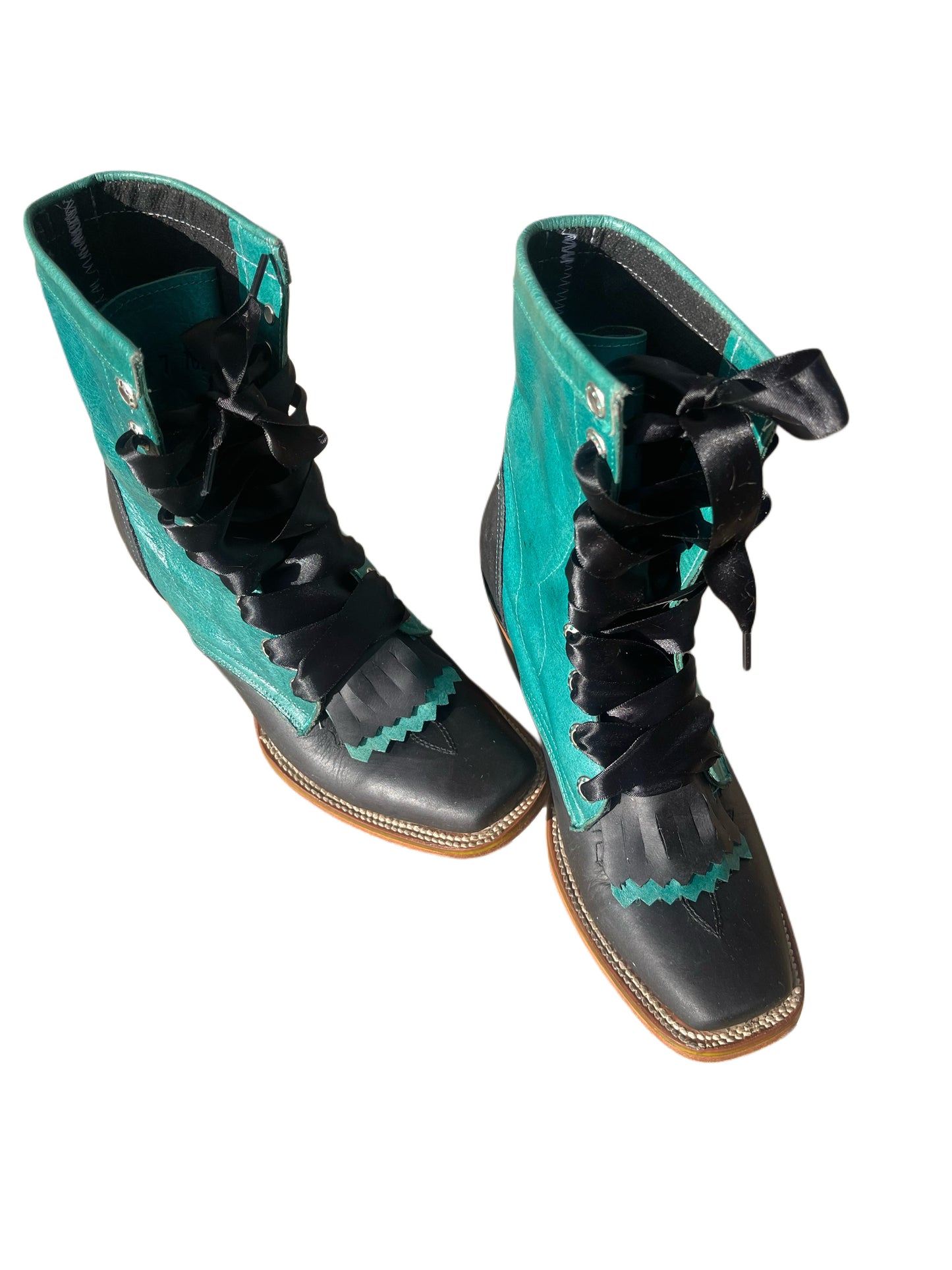 Vintage 1980s Jar Boots – Teal & Black Leather Western Lace-Up Boots – Size 7/7.5