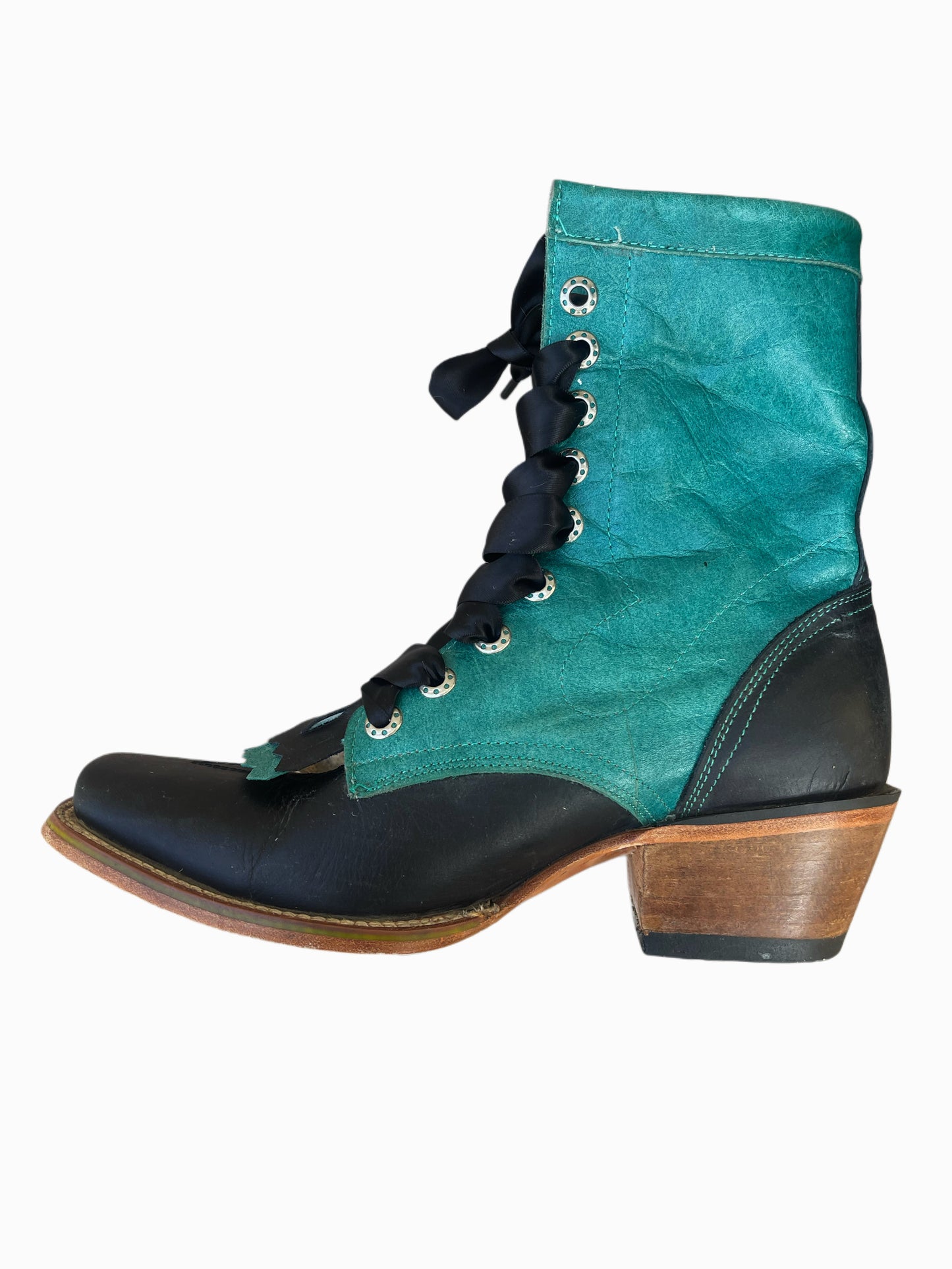 Vintage 1980s Jar Boots – Teal & Black Leather Western Lace-Up Boots – Size 7/7.5