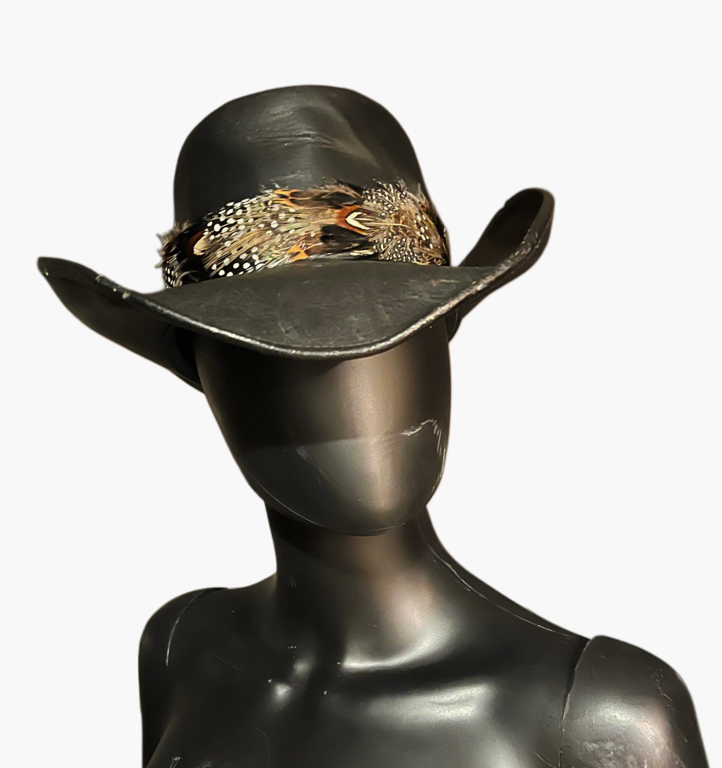 Vintage El Rodeo Piel Con Piel Black Leather Cowboy Hat with Feather Band – Size 7 1/8 (57 cm)