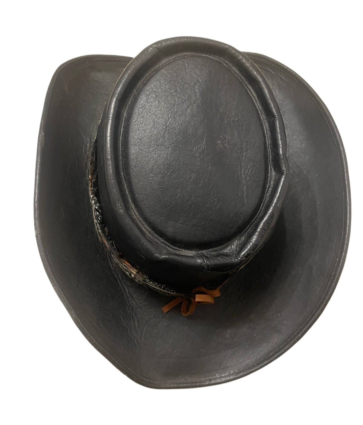 Vintage El Rodeo Piel Con Piel Black Leather Cowboy Hat with Feather Band – Size 7 1/8 (57 cm)