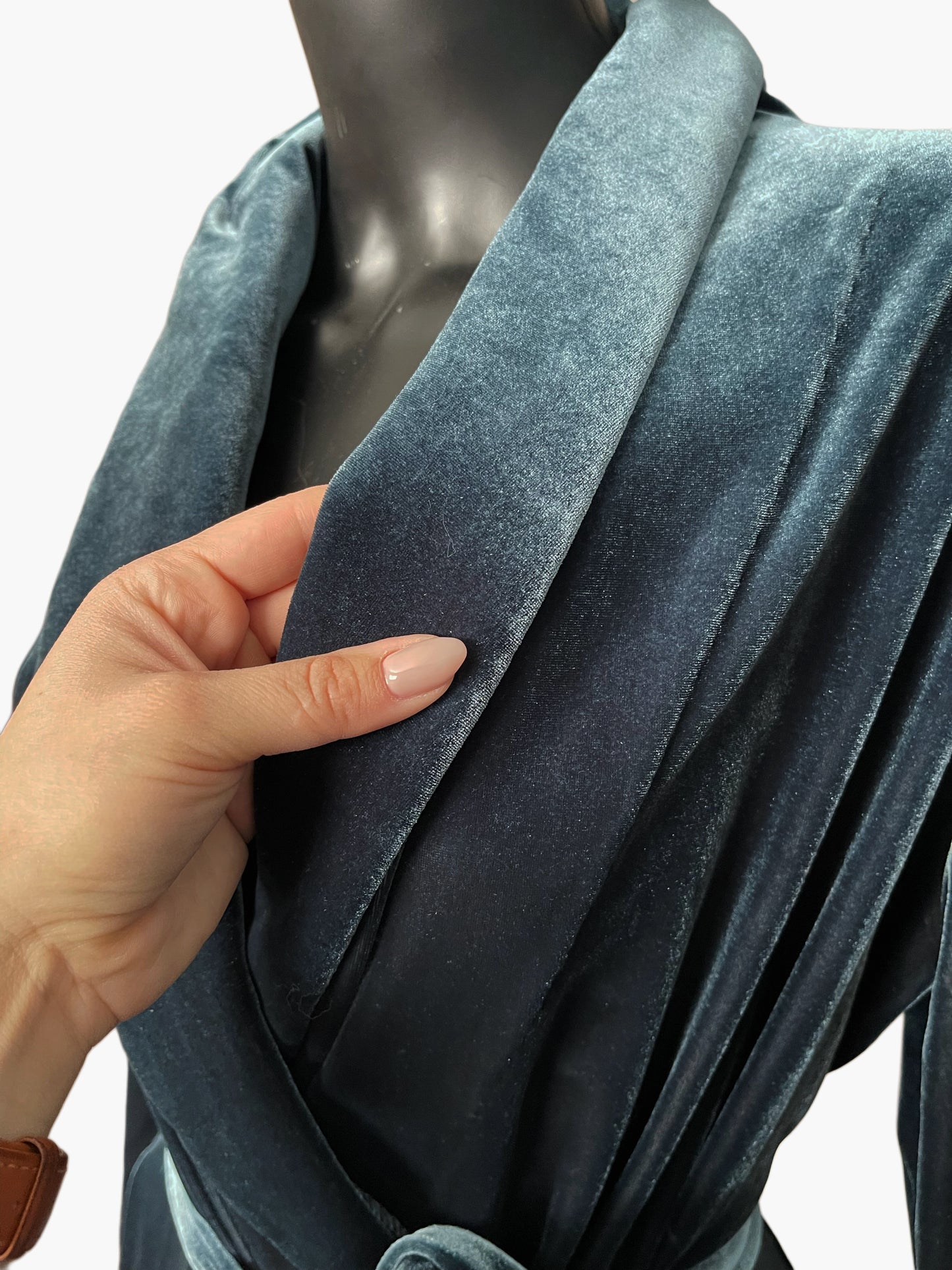Vintage Diamond Tea Blue Velvet Robe | Plush Full-Length Lounge Gown | Glam Hollywood Style