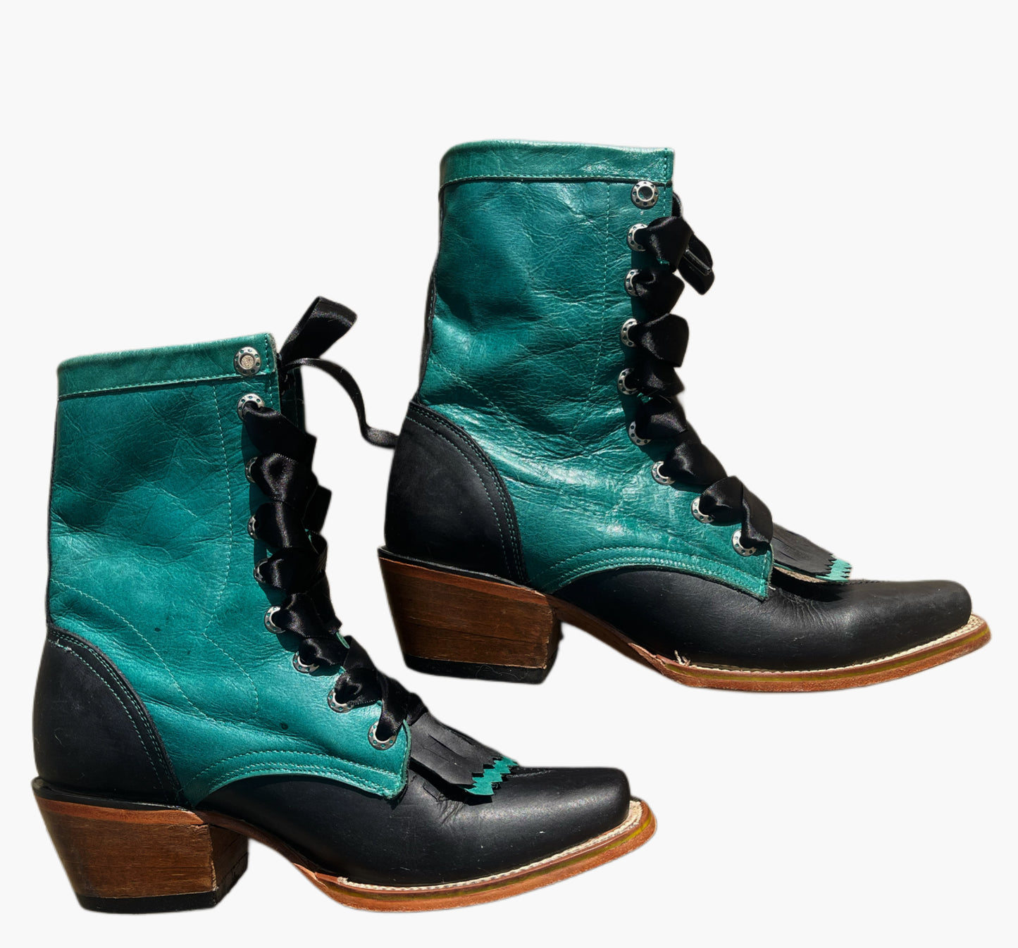 Vintage 1980s Jar Boots – Teal & Black Leather Western Lace-Up Boots – Size 7/7.5