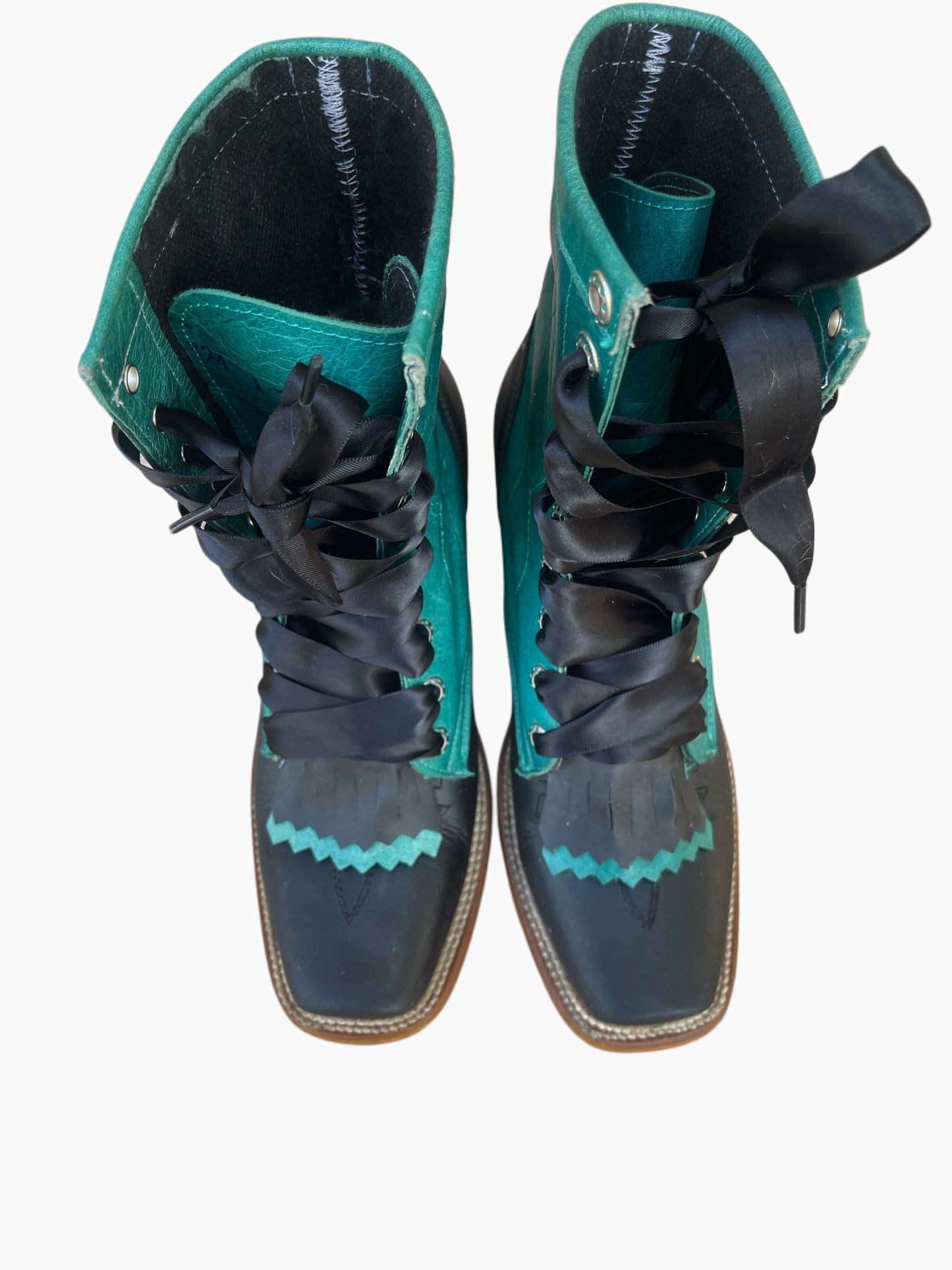 Vintage 1980s Jar Boots – Teal & Black Leather Western Lace-Up Boots – Size 7/7.5