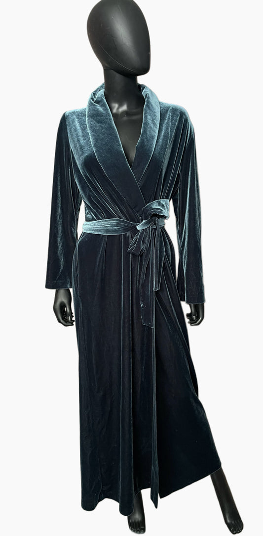 Vintage Diamond Tea Blue Velvet Robe | Plush Full-Length Lounge Gown | Glam Hollywood Style